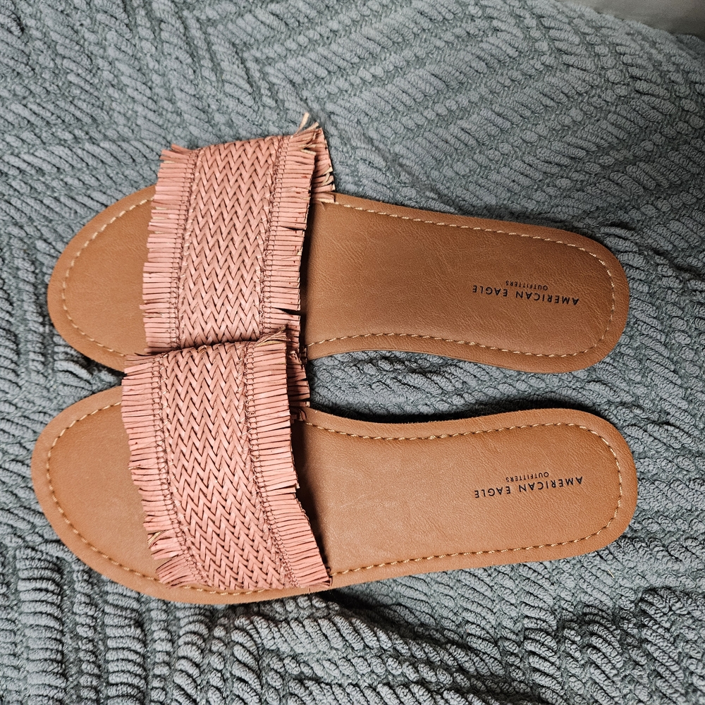 American Eagle Outfitters Pink Fringe Slide Sandals